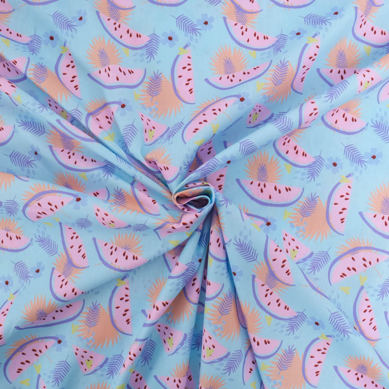 Popeline Imprimé Bleu Ciel Motif Pastèque - Maison Klem