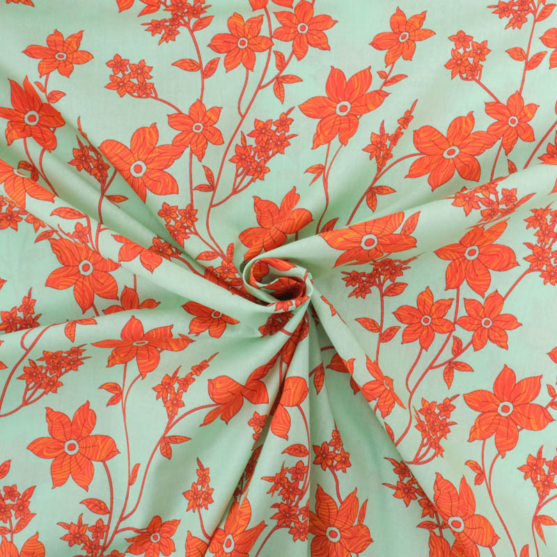 Popeline Imprimé Romancia Menthe et Orange Sanguine - Maison Klem