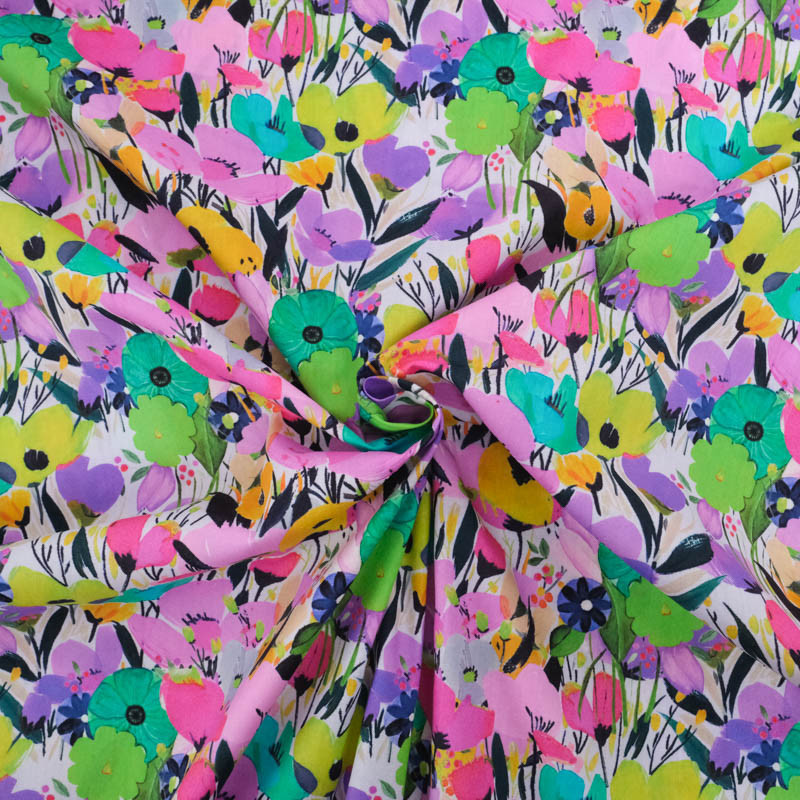 Popeline Imprimé Big Flower Mauve et Vert - Maison Klem