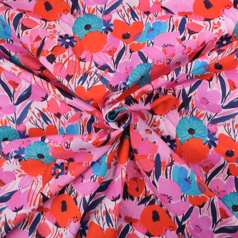 Popeline Imprimé Big Flower Rose et Bleu - Maison Klem