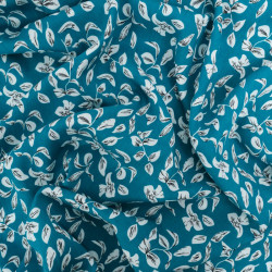 Viscose Bleu Paon Motif Petites Feuilles - Maison Klem