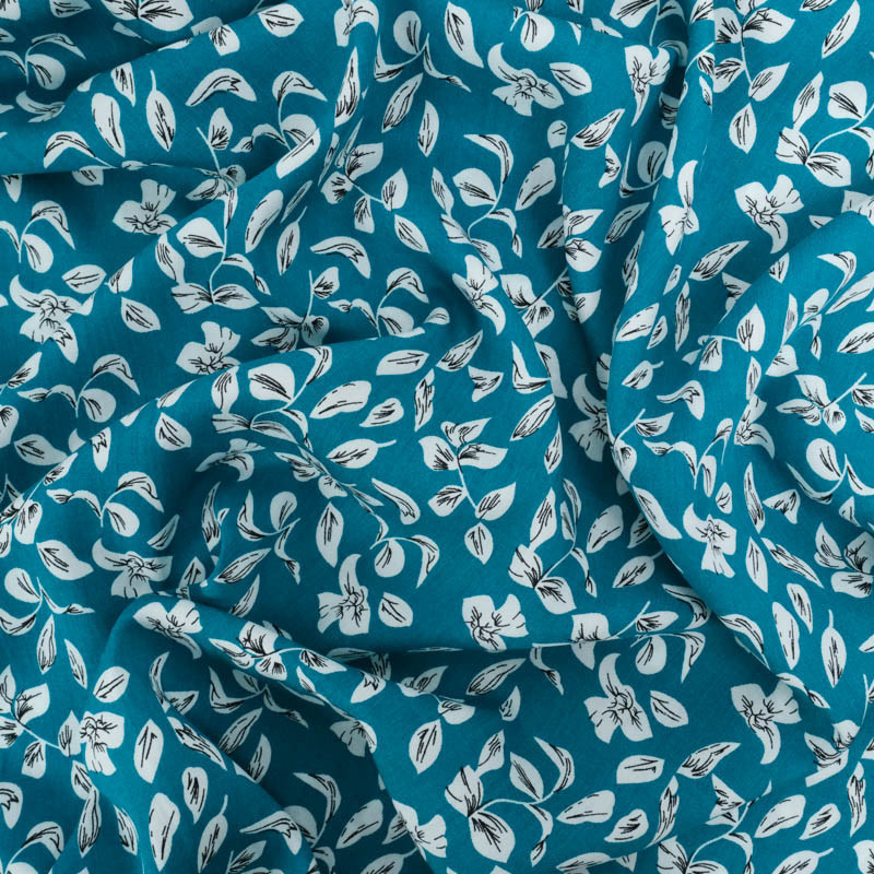 Viscose Bleu Paon Motif Petites Feuilles - Maison Klem