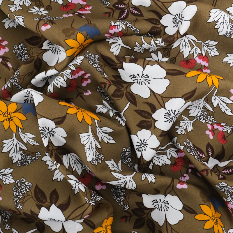 Viscose Kaki Motif Fleuri Tropical - Maison Klem