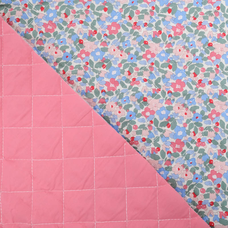 Matelassé Coton Double Face Floralie Bleu Vert Vieux Rose - Maison Klem