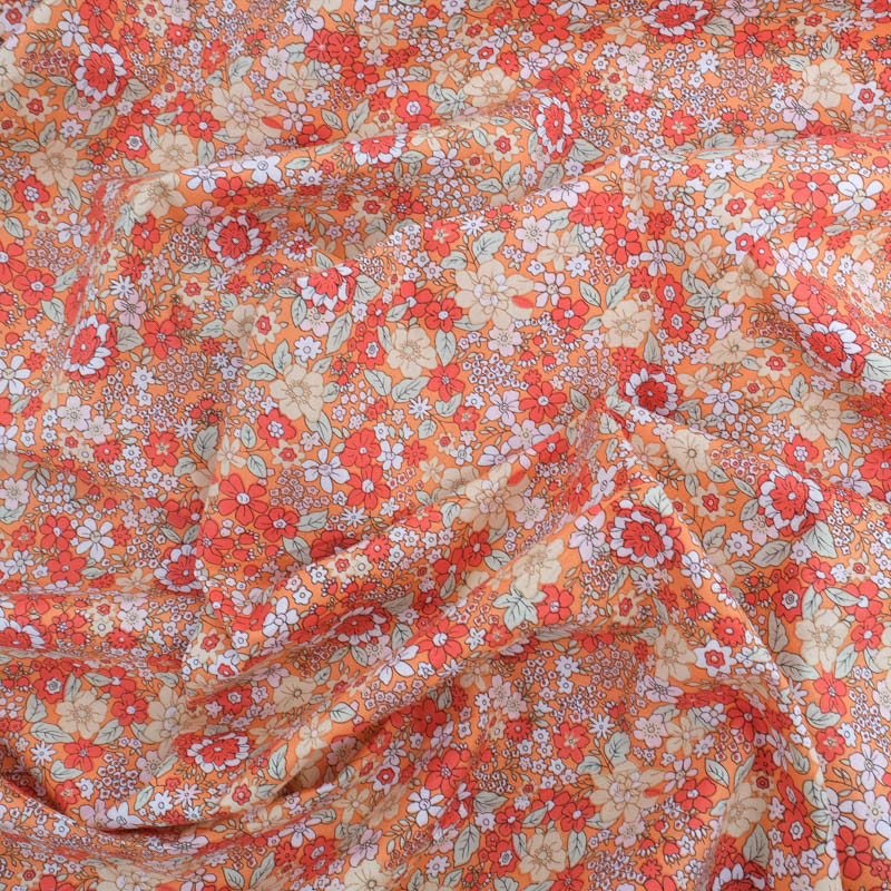 Tissu Coton Fleuri Orange - Maison Klem