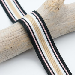 Sangle Coton 30mm Rayures Noir Rose Beige - Maison Klem