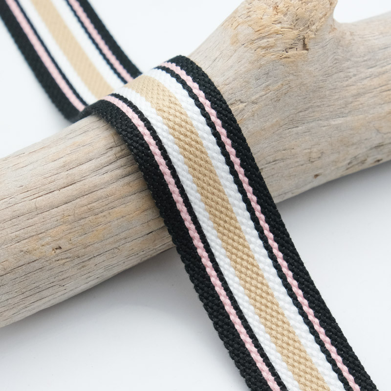 Sangle Coton 30mm Rayures Noir Rose Beige - Maison Klem