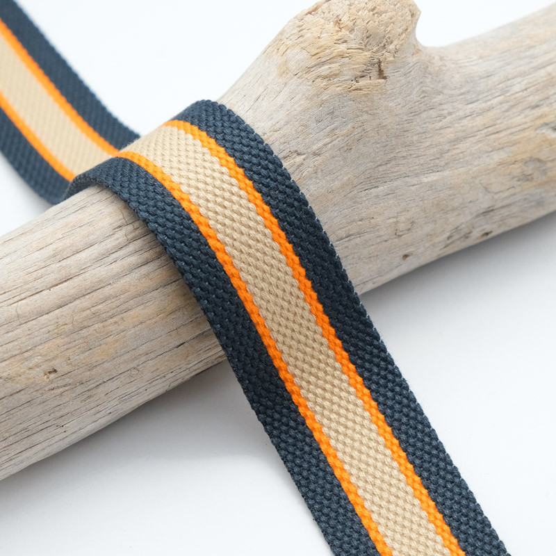 Sangle Coton 30mm Rayures Marine Orange Beige - Maison Klem