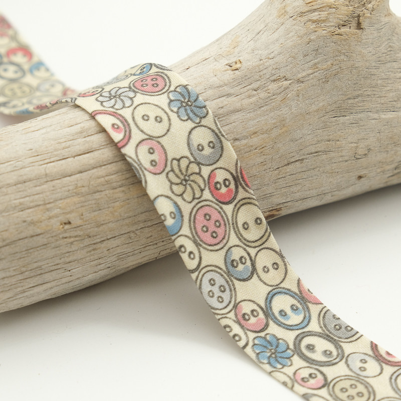 Biais Imprimé 25MM Boutons Rose - Maison Klem