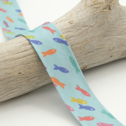 Biais Imprimé 25MM Poisson Multicolore Fond Bleu - Maison Klem