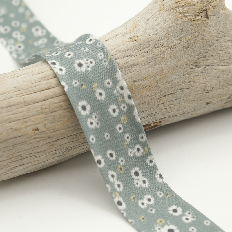 Biais Imprimé 25MM Pâquerette Bela Gris Bleuté - Maison Klem