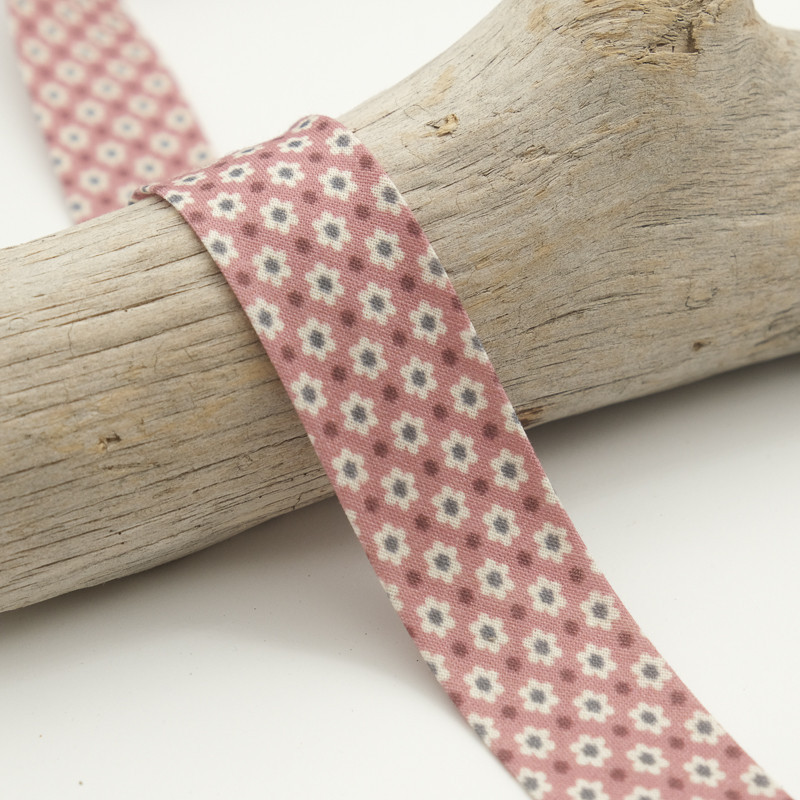 Biais Imprimé 25MM Fleuri Vieux Rose - Maison Klem