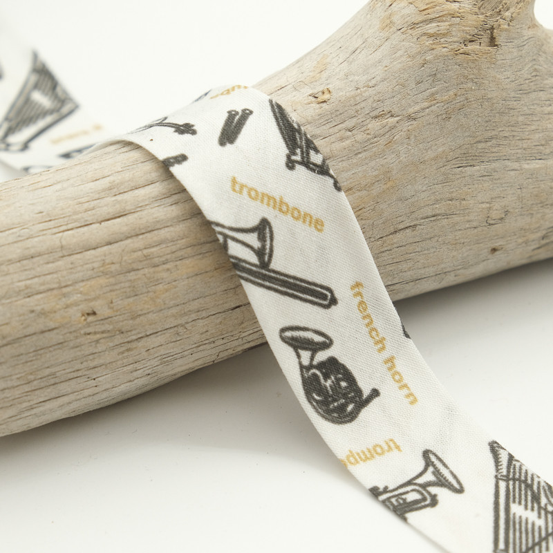 Biais Imprimé 25MM Instruments Blancs - Maison Klem