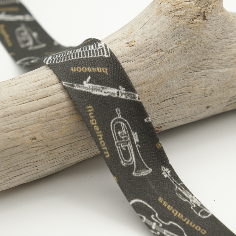 Biais Imprimé 25MM Instruments Noirs - Maison Klem