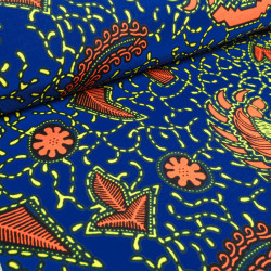 Tissu Wax Bleu Motif Orange Jaune - Maison Klem