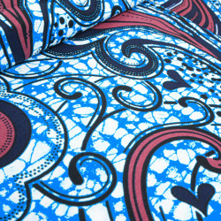 Tissu Wax Bleu Motif Rouge Bordeaux - Maison Klem