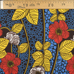 Tissu Wax Fleur Rouge Fond Bleu - Maison Klem