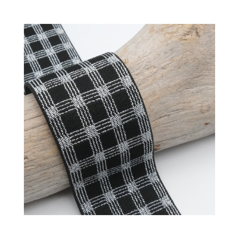 Elastique Lurex Design 40MM Carré Argent Et Noir - Maison Klem