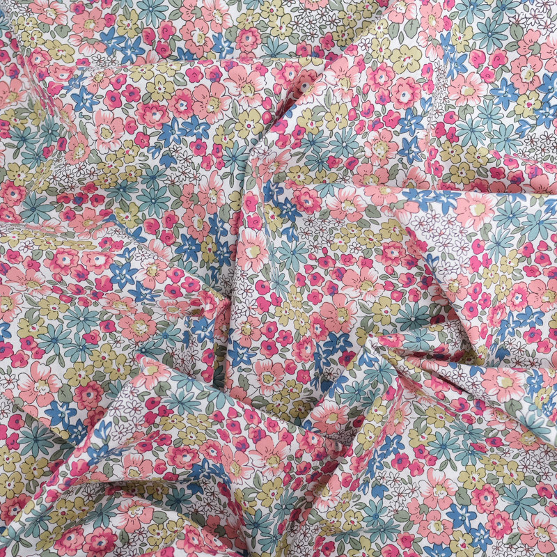 Popeline de Coton Imprimé Fleuri Rose Vert Bleu - Maison Klem