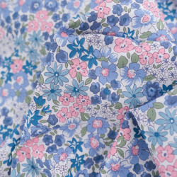 Popeline de Coton Imprimé Fleuri Rose et Bleu - Maison Klem