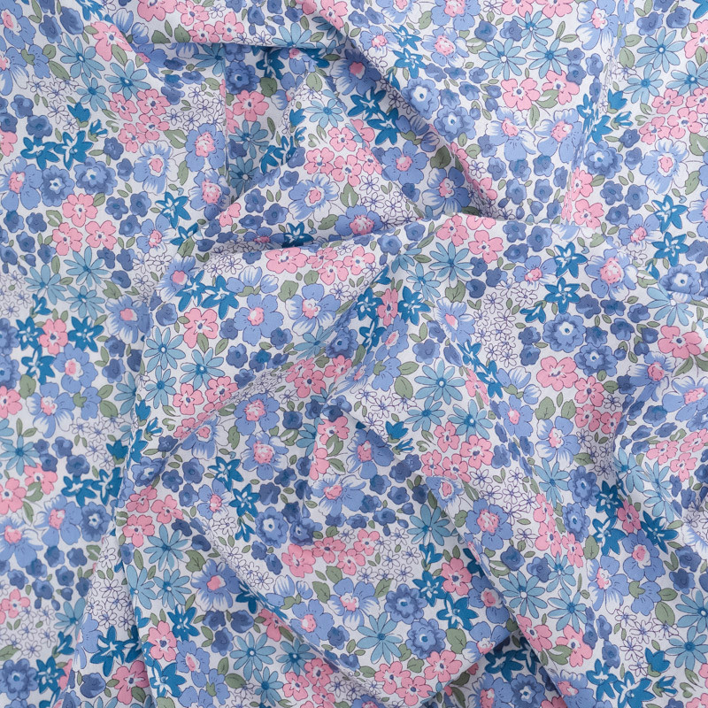 Popeline de Coton Imprimé Fleuri Rose et Bleu - Maison Klem