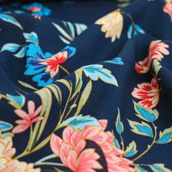 Popeline de Viscose Imprimée Floa Bleu Marine - Maison Klem