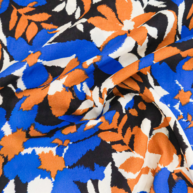 Popeline de Viscose Imprimée Alessia Bleu Camel - Maison Klem