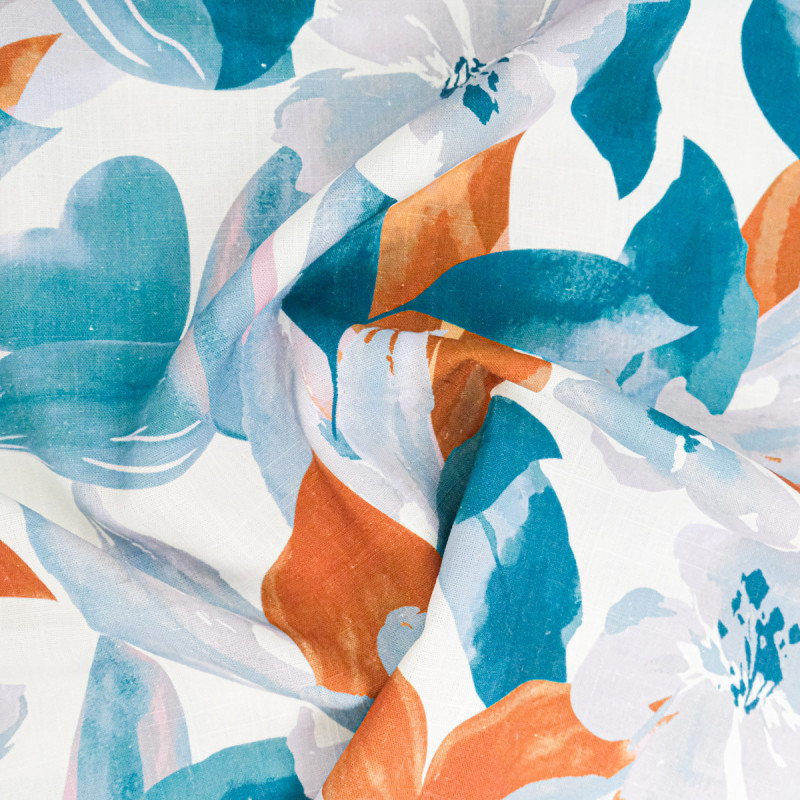 Viscose Lin Imprimé Bouquet Bleu Cacao - Maison Klem