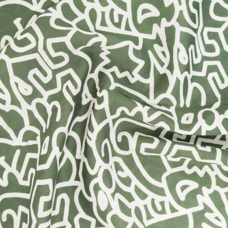 Viscose Mélangée Imprimé Abstraction Kaki - Maison Klem