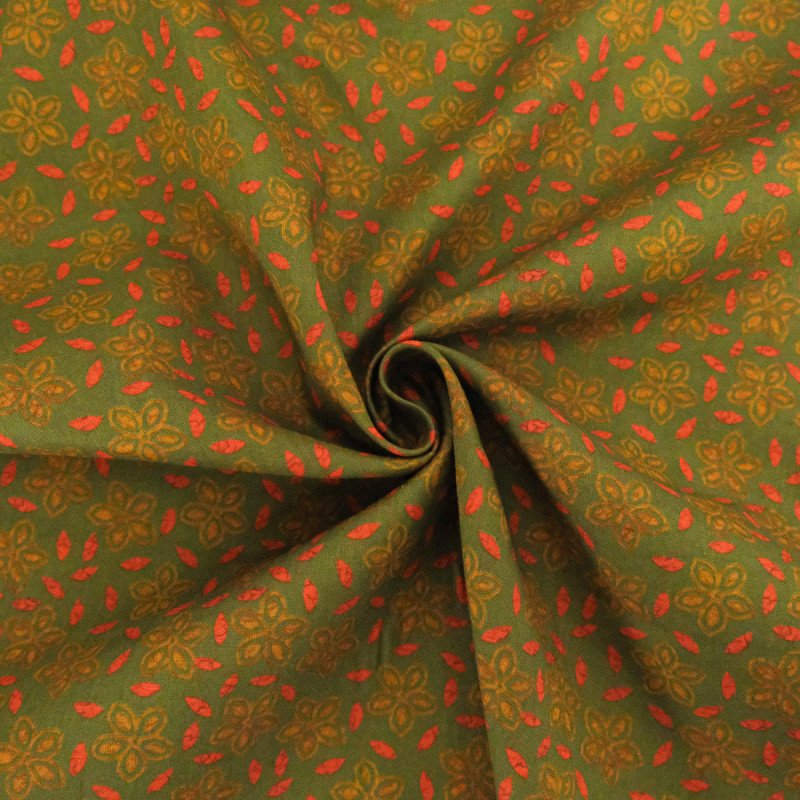 Popeline de Coton Imprimé Indian Vibes Vert Orange - Maison Klem