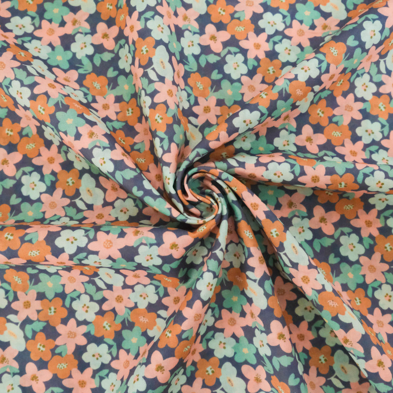 Lula Blue and Pink Printed Cotton Scarf with Blue Background - Maison Klem