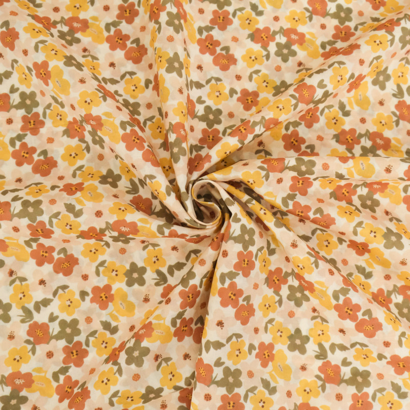 Lula Yellow, Pink, and Khaki Printed Cotton Scarf with an Ecru Background - Maison Klem