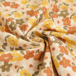 Lula Yellow, Pink, and Khaki Printed Cotton Scarf with an Ecru Background - Maison Klem