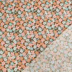 Lula Blue and Pink Printed Cotton Scarf with Khaki Background - Maison Klem