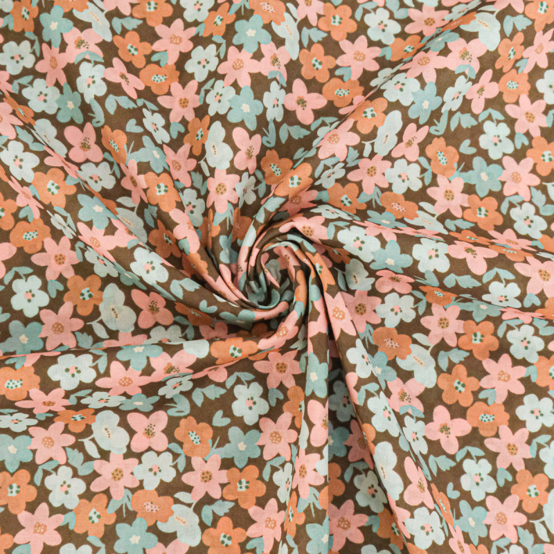 Popeline de Coton Imprimé Lula Bleu Rose Fond Kaki - Maison Klem