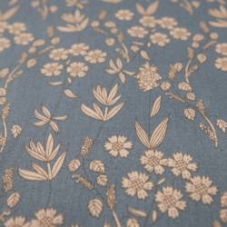 Popeline de Coton Fleur Beige Fond Bleu Gris Eugenie - Maison Klem