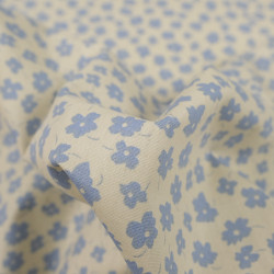 Popeline de Coton Fleur Bleu Ciel Fond Beige - Maison Klem