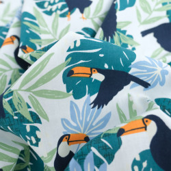 Popeline Imprimé Blanc Motif Tropical Bleu Vert - Maison Klem