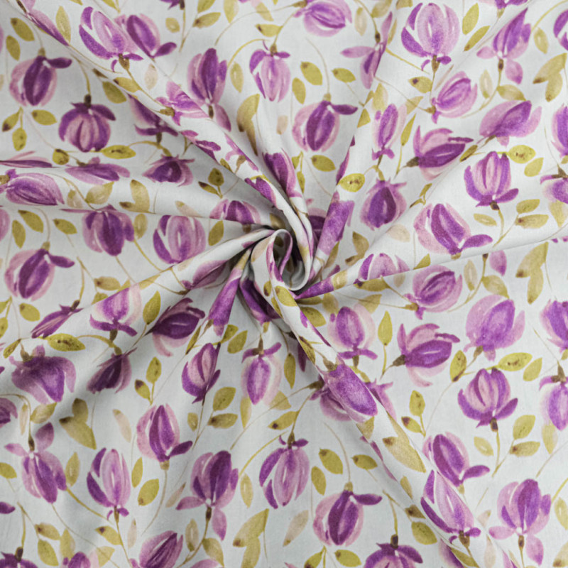 Popeline Imprimé Violette sur Fond Blanc - Maison Klem