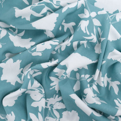 Blue-Green Viscose with White Flowers - Maison Klem