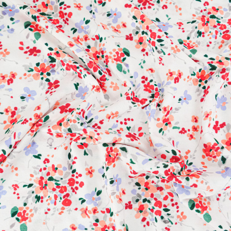 Jersey de Viscose Elasthanne Imprimé Fleurs Rouges Bleues - Maison Klem