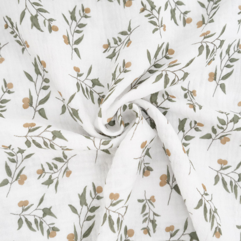 Double Gauze with Green Foliage Print on a White Background - Maison Klem