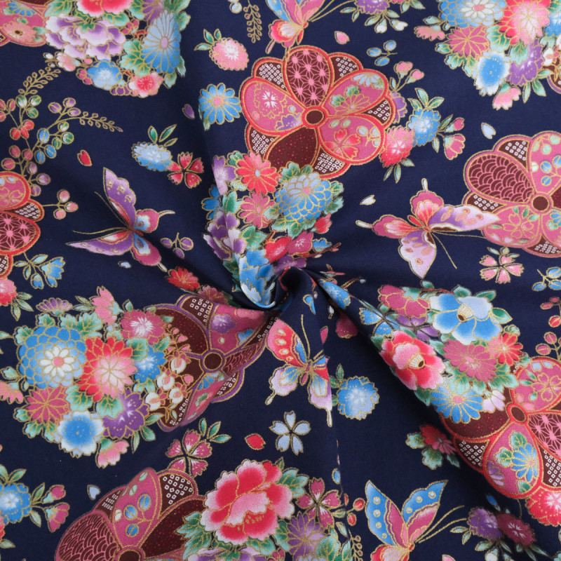 Lurex-Printed Cotton with Beautiful Flowers on a Blue Background - Maison Klem