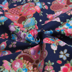 Lurex-Printed Cotton with Beautiful Flowers on a Blue Background - Maison Klem