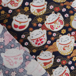 Katoen met lurexprint, Neko-motief, marineblauwe achtergrond - Maison Klem