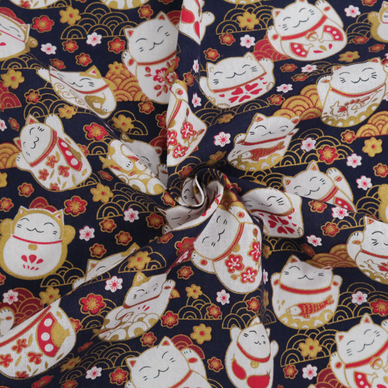Neko Lurex-Printed Cotton on Navy Background - Maison Klem