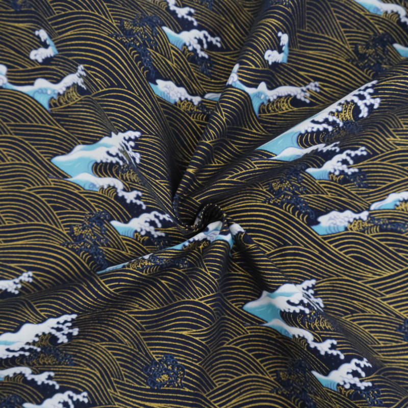 Katoen met lurexprint: golven op een marineblauwe achtergrond - Maison Klem