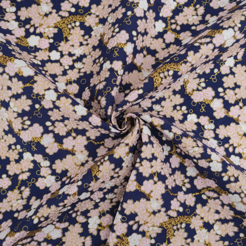 Cotone stampato con lurex Sakura Mini su sfondo blu marino - Maison Klem