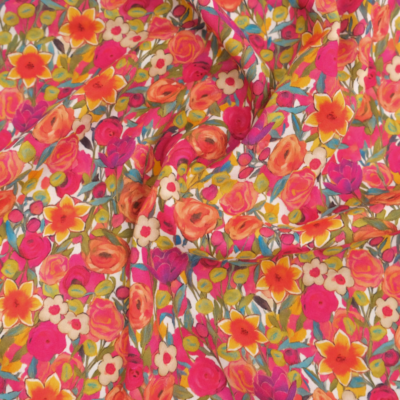 Popeline di viscosa stampato Tania fucsia e arancione - Maison Klem