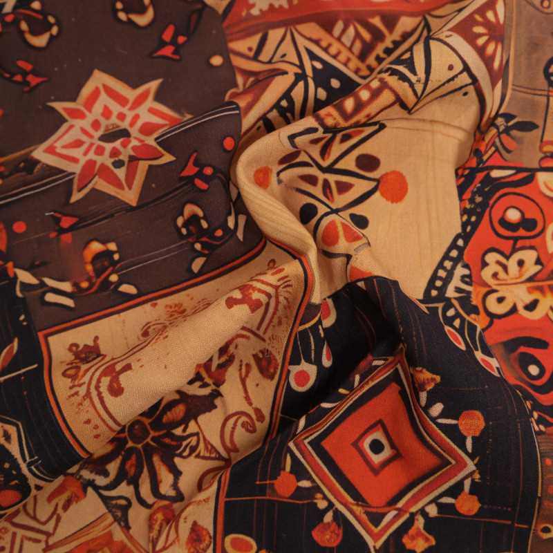 Popeline de Viscose Imprimée Ethnic Ocre Cacao - Maison Klem